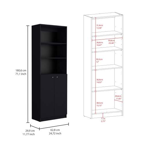 Modern 2 Door Bookcase with Multi Tier Storage Shelves