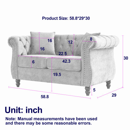 58.8-Inch Black Velvet 2-Seater Tufted Sofa Rolled Arms Nailhead Trim with 2 Pillows for Living-Room Bedroom Office