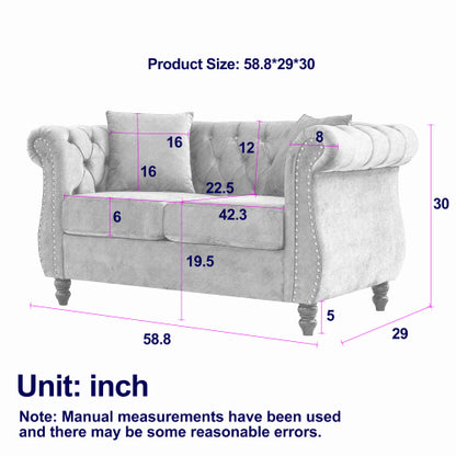58.8-Inch Black Velvet 2-Seater Tufted Sofa Rolled Arms Nailhead Trim with 2 Pillows for Living-Room Bedroom Office