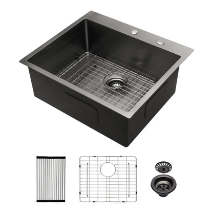 25 x 22 x 10 inch Drop in Kitchen Sink Gunmetal Black Topmount 16 Gauge Deep Single Bowl Stainless Steel Sink Basin