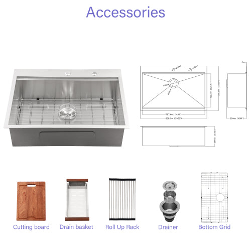 33" Drop in Kitchen Sink - 33 x 22 x 10 inch Kitchen Sink Drop-in Topmount Single Bowl 16 Gauge Stainless Steel Ledge Workstation Kitchen Sinks