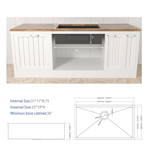 33 Inch Undermount Sink - 33"x19"x9" Undermount Stainless Steel Kitchen Sink 16 Gauge 9 Inch Deep Single Bowl Kitchen Sink Basin