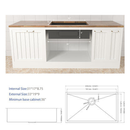 33 Inch Undermount Sink - 33"x19"x9" Undermount Stainless Steel Kitchen Sink 16 Gauge 9 Inch Deep Single Bowl Kitchen Sink Basin