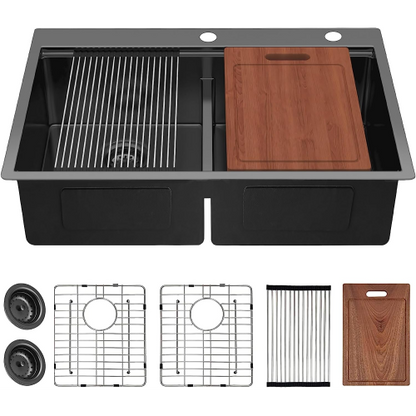 33 Inch Gunmetal Black Topmount Workstation Kitchen Sink 16 Gauge 304 Stainless Steel Double Bowl Sink