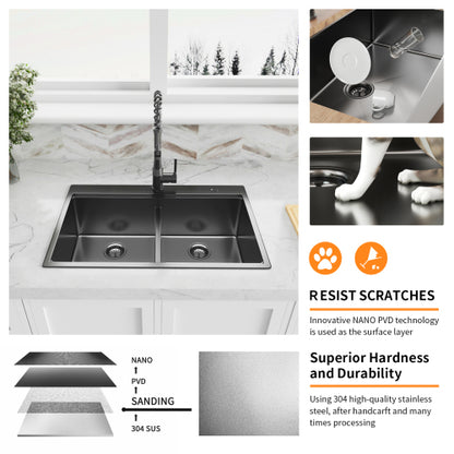 33 Inch Gunmetal Black Topmount Workstation Kitchen Sink 16 Gauge 304 Stainless Steel Double Bowl Sink