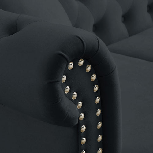 58.8-Inch Black Velvet 2-Seater Tufted Sofa Rolled Arms Nailhead Trim with 2 Pillows for Living-Room Bedroom Office
