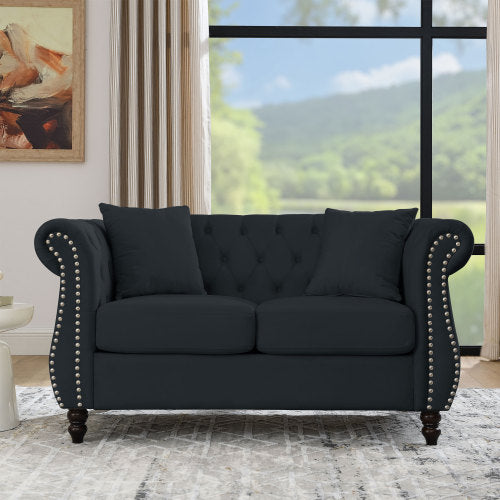 58.8-Inch Black Velvet 2-Seater Tufted Sofa Rolled Arms Nailhead Trim with 2 Pillows for Living-Room Bedroom Office