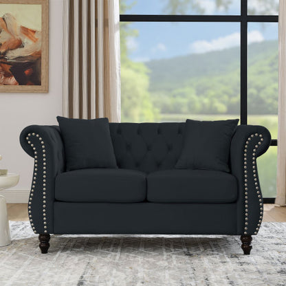 58.8-Inch Black Velvet 2-Seater Tufted Sofa Rolled Arms Nailhead Trim with 2 Pillows for Living-Room Bedroom Office