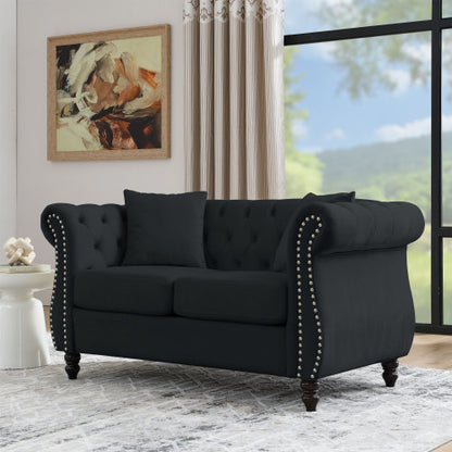58.8-Inch Black Velvet 2-Seater Tufted Sofa Rolled Arms Nailhead Trim with 2 Pillows for Living-Room Bedroom Office