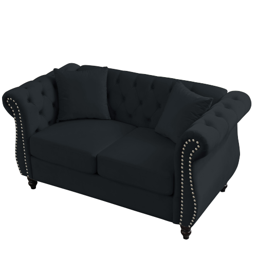 58.8-Inch Black Velvet 2-Seater Tufted Sofa Rolled Arms Nailhead Trim with 2 Pillows for Living-Room Bedroom Office