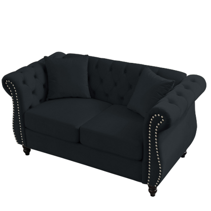 58.8-Inch Black Velvet 2-Seater Tufted Sofa Rolled Arms Nailhead Trim with 2 Pillows for Living-Room Bedroom Office