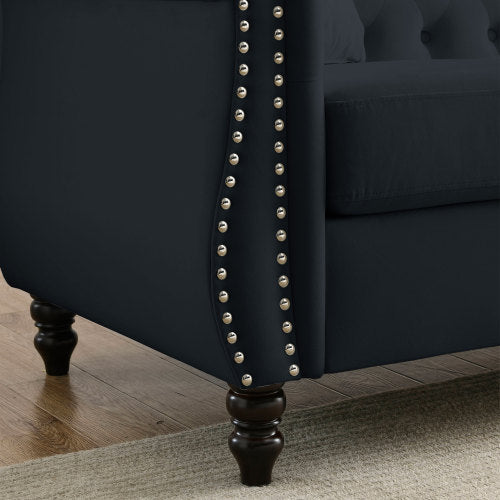 58.8-Inch Black Velvet 2-Seater Tufted Sofa Rolled Arms Nailhead Trim with 2 Pillows for Living-Room Bedroom Office