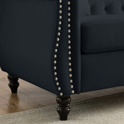 58.8-Inch Black Velvet 2-Seater Tufted Sofa Rolled Arms Nailhead Trim with 2 Pillows for Living-Room Bedroom Office