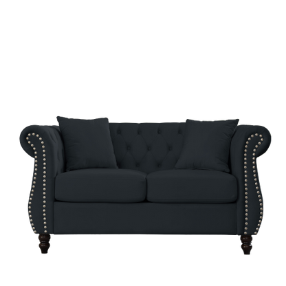 58.8-Inch Black Velvet 2-Seater Tufted Sofa Rolled Arms Nailhead Trim with 2 Pillows for Living-Room Bedroom Office