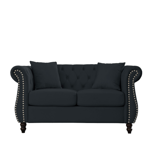 58.8-Inch Black Velvet 2-Seater Tufted Sofa Rolled Arms Nailhead Trim with 2 Pillows for Living-Room Bedroom Office