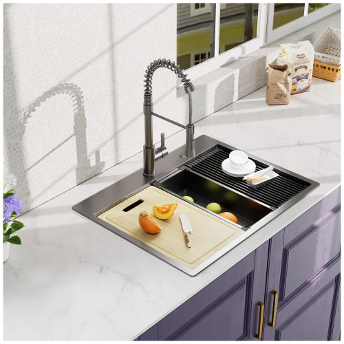 27 Inch Topmount Gunmetal Black Worksation Kitchen Sink 18 Gauge Stainless Steel Single Bowl Sink With Faucet