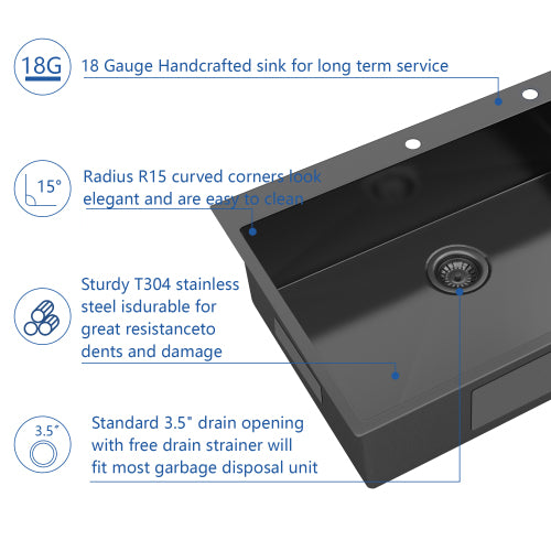 30x22 Inch Gunmetal Black Drop in Topmount 18 Gauge Stainless Steel Single Bowl Kitchen Sink with Pull Out Faucet