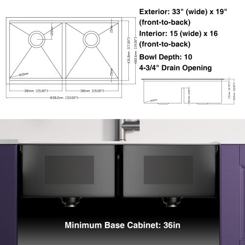 All In One 33x19Inch Undermount Gunmetal Black Double Bowl Kitchen Sink 18 Guage Stainless Steel With Faucet