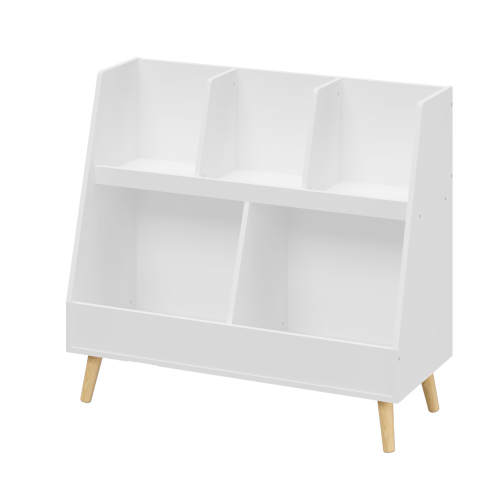 White 5-Cubby Kids Wooden Bookshelf with Pine Legs, MDF Toddler Storage Organizer with Anti-Tip Kit
