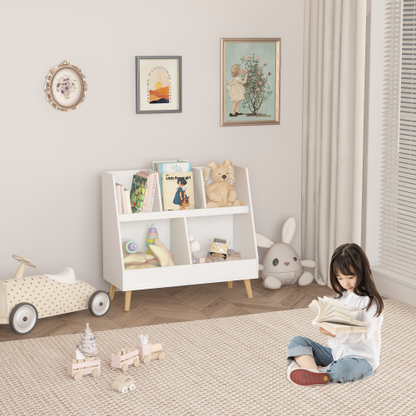 White 5-Cubby Kids Wooden Bookshelf with Pine Legs, MDF Toddler Storage Organizer with Anti-Tip Kit