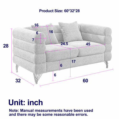 60-Inch Green Teddy-Fabric 2-Seater Modern Sectional Sofa with 2 Pillows