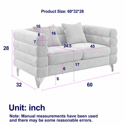 60-Inch Green Teddy-Fabric 2-Seater Modern Sectional Sofa with 2 Pillows