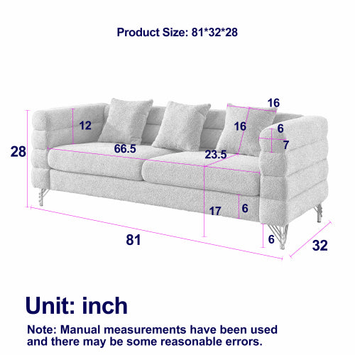 81 inch  White Teddy Ivory 3-Seater Streamline Modern Sectional Sofa,3 Pillows