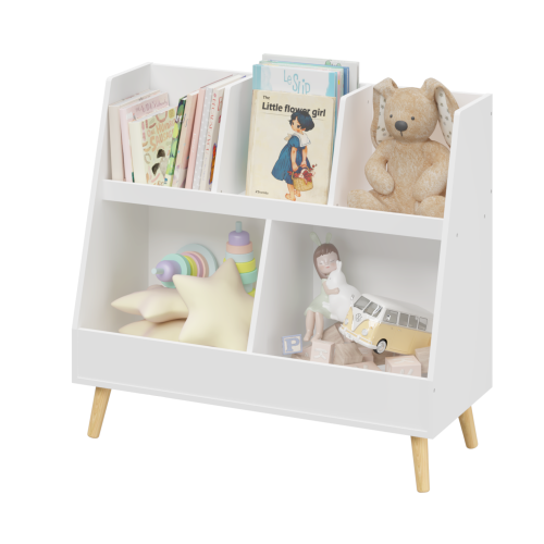 White 5-Cubby Kids Wooden Bookshelf with Pine Legs, MDF Toddler Storage Organizer with Anti-Tip Kit