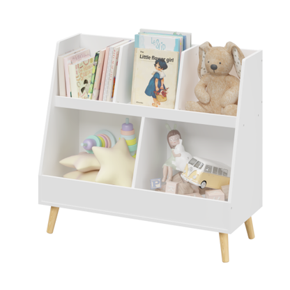White 5-Cubby Kids Wooden Bookshelf with Pine Legs, MDF Toddler Storage Organizer with Anti-Tip Kit