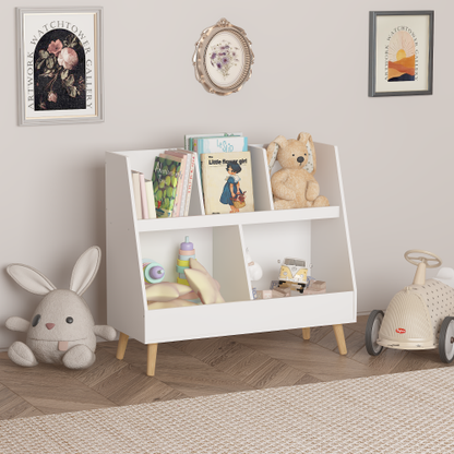 White 5-Cubby Kids Wooden Bookshelf with Pine Legs, MDF Toddler Storage Organizer with Anti-Tip Kit