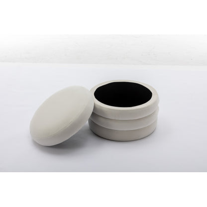 24.41 Inch Ivory Velvet Round Storage Ottoman, Reversible Tray Lid Footstool with Wooden Shelf, 54L Capacity