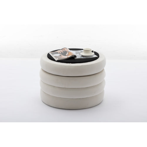 24.41 Inch Ivory Velvet Round Storage Ottoman, Reversible Tray Lid Footstool with Wooden Shelf, 54L Capacity