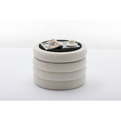 24.41 Inch Ivory Velvet Round Storage Ottoman, Reversible Tray Lid Footstool with Wooden Shelf, 54L Capacity
