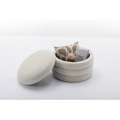 24.41 Inch Ivory Velvet Round Storage Ottoman, Reversible Tray Lid Footstool with Wooden Shelf, 54L Capacity