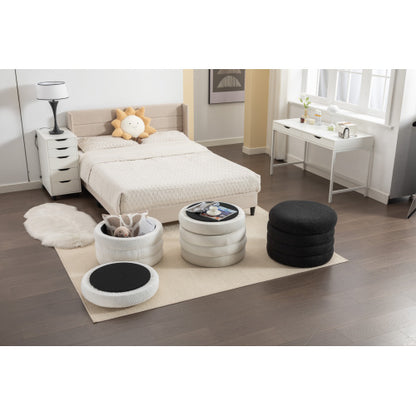 24.41 Inch Ivory Velvet Round Storage Ottoman, Reversible Tray Lid Footstool with Wooden Shelf, 54L Capacity