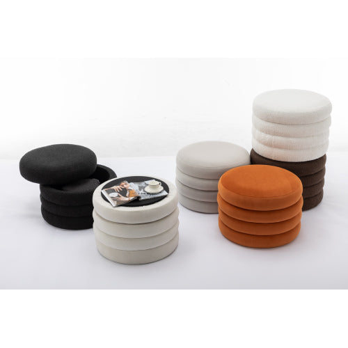 24.41 Inch Ivory Velvet Round Storage Ottoman, Reversible Tray Lid Footstool with Wooden Shelf, 54L Capacity