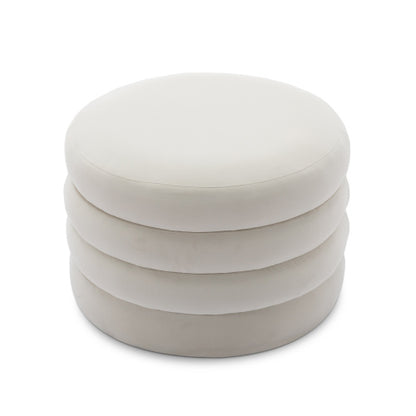 24.41 Inch Ivory Velvet Round Storage Ottoman, Reversible Tray Lid Footstool with Wooden Shelf, 54L Capacity