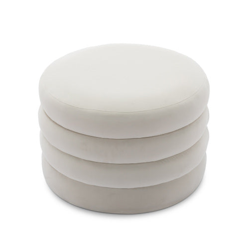 24.41 Inch Ivory Velvet Round Storage Ottoman, Reversible Tray Lid Footstool with Wooden Shelf, 54L Capacity