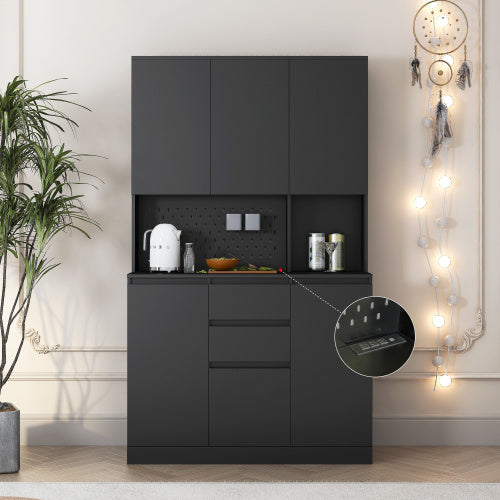 74 Inch Kitchen Pantry Cabinet with Hutch Drawers and Charging Station Black