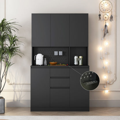 74 Inch Kitchen Pantry Cabinet with Hutch Drawers and Charging Station Black