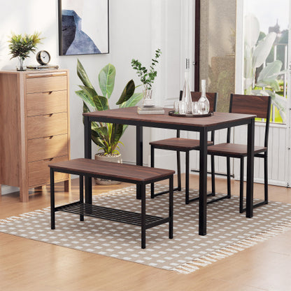 4-Piece Black & Brown Dining Set with Bench, Wooden Table, 2 Chairs & Storage Rack