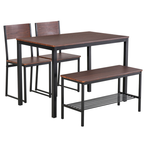 4-Piece Black & Brown Dining Set with Bench, Wooden Table, 2 Chairs & Storage Rack