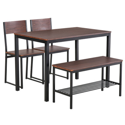 4-Piece Black & Brown Dining Set with Bench, Wooden Table, 2 Chairs & Storage Rack
