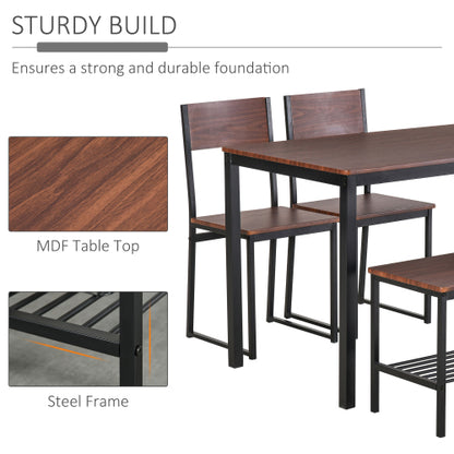 4-Piece Black & Brown Dining Set with Bench, Wooden Table, 2 Chairs & Storage Rack