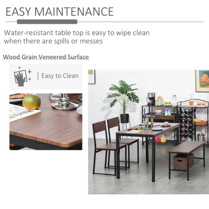 4-Piece Black & Brown Dining Set with Bench, Wooden Table, 2 Chairs & Storage Rack