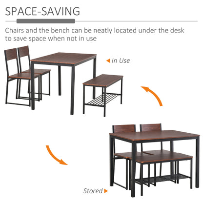 4-Piece Black & Brown Dining Set with Bench, Wooden Table, 2 Chairs & Storage Rack