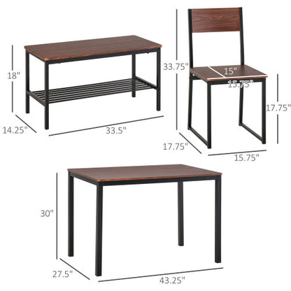 4-Piece Black & Brown Dining Set with Bench, Wooden Table, 2 Chairs & Storage Rack