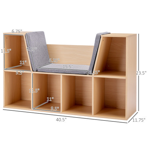 Natural 6-Cubby Kids Bookcase With Soft Cushion Reading Nook