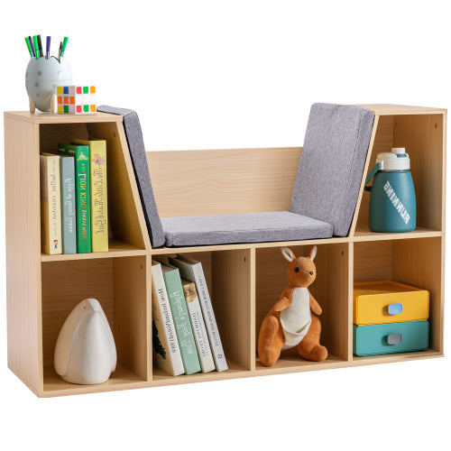 Natural 6-Cubby Kids Bookcase With Soft Cushion Reading Nook