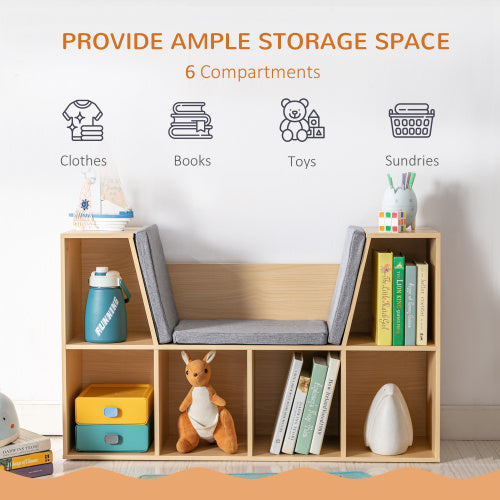 Natural 6-Cubby Kids Bookcase With Soft Cushion Reading Nook